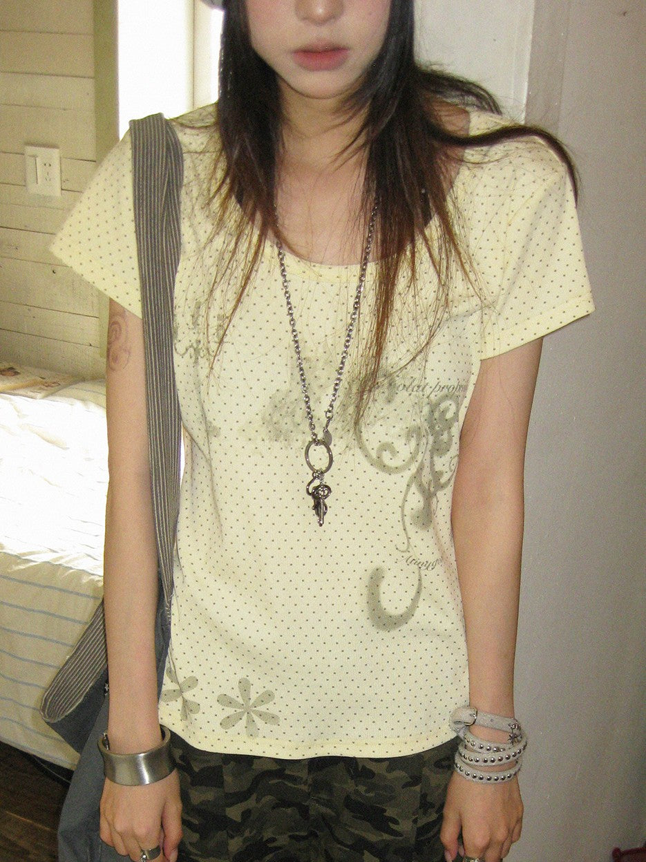 innomoood Stamp Polka Dot Print Vintage Wide Round Neck Women&