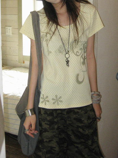 innomoood Stamp Polka Dot Print Vintage Wide Round Neck Women&