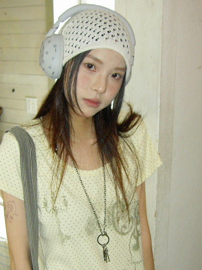 innomoood Stamp Polka Dot Print Vintage Wide Round Neck Women&