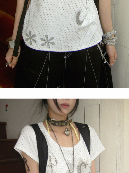 innomoood Stamp Polka Dot Print Vintage Wide Round Neck Women&