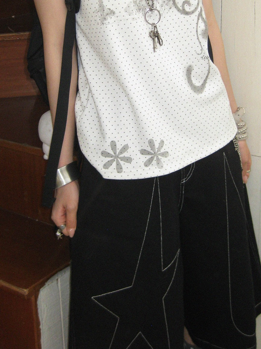 innomoood Stamp Polka Dot Print Vintage Wide Round Neck Women&