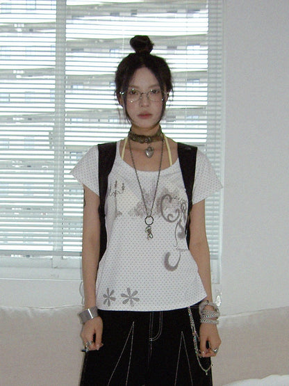 innomoood Stamp Polka Dot Print Vintage Wide Round Neck Women&
