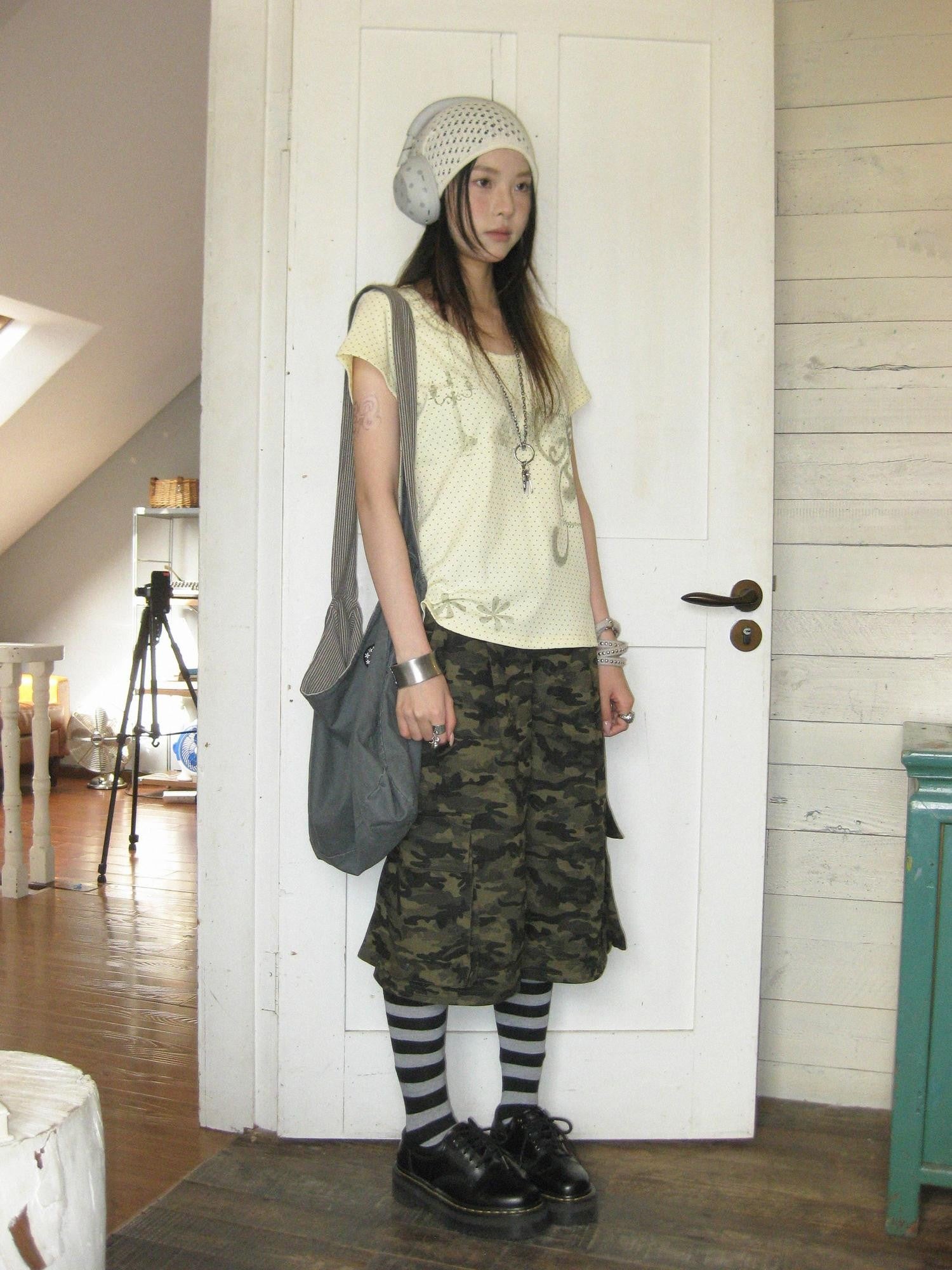 innomoood Stamp Polka Dot Print Vintage Wide Round Neck Women&