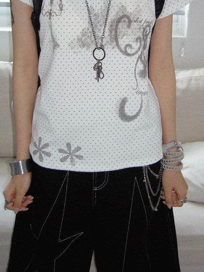 innomoood Stamp Polka Dot Print Vintage Wide Round Neck Women&