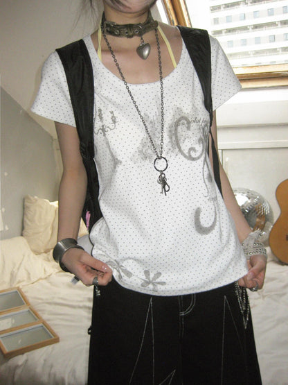 innomoood Stamp Polka Dot Print Vintage Wide Round Neck Women&