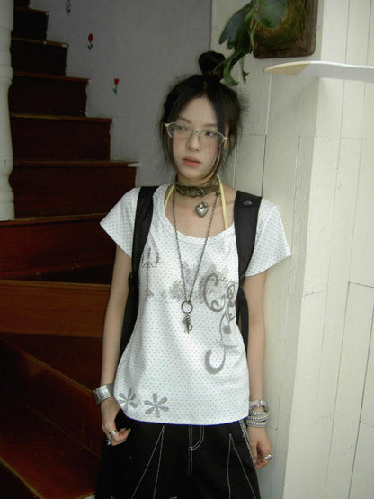 innomoood Stamp Polka Dot Print Vintage Wide Round Neck Women&