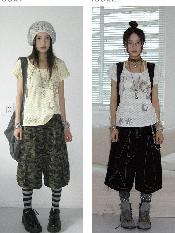 innomoood Stamp Polka Dot Print Vintage Wide Round Neck Women&