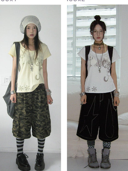 innomoood Stamp Polka Dot Print Vintage Wide Round Neck Women&