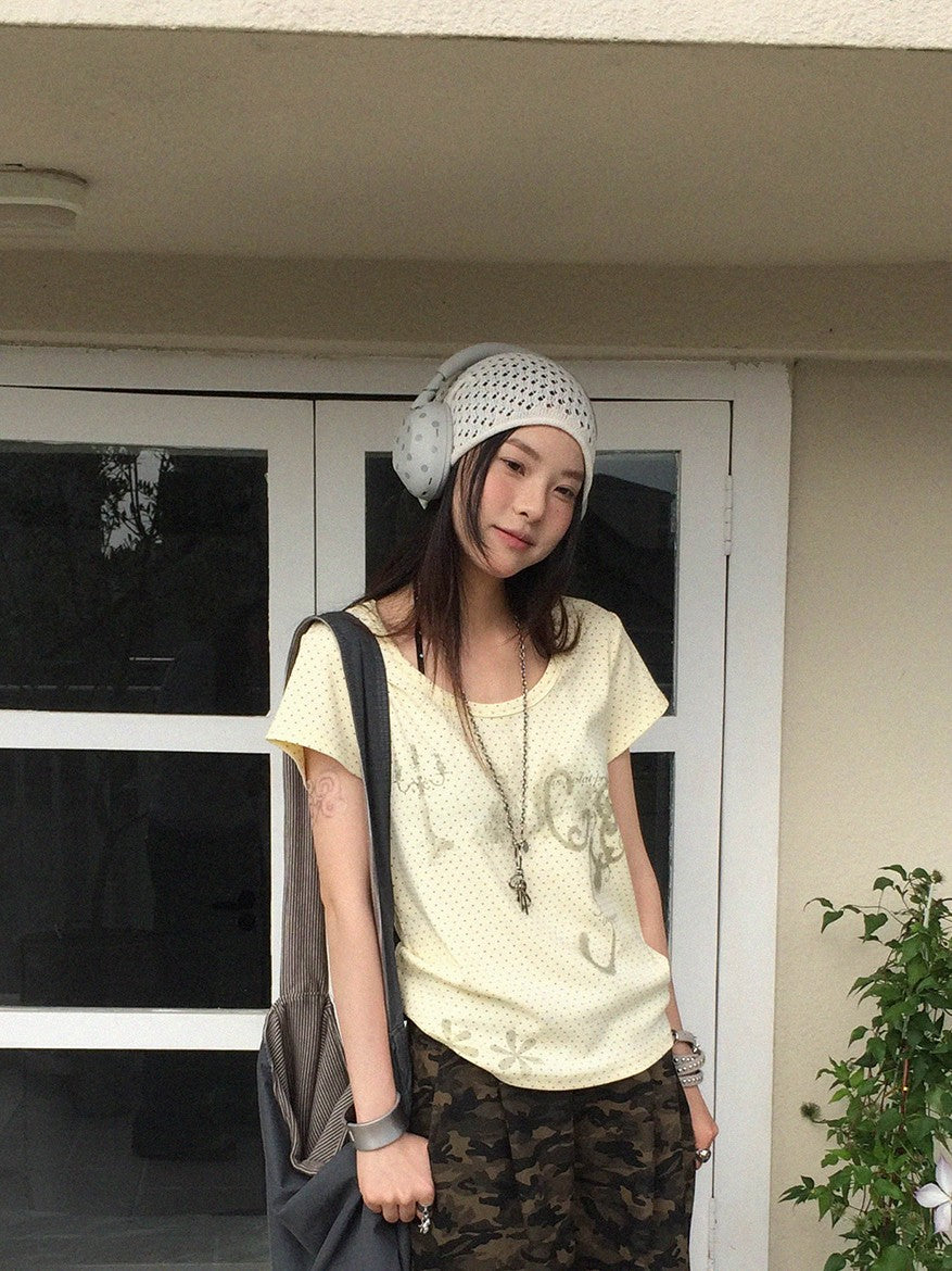 innomoood Stamp Polka Dot Print Vintage Wide Round Neck Women&