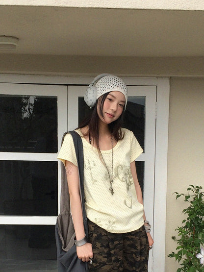 innomoood Stamp Polka Dot Print Vintage Wide Round Neck Women&