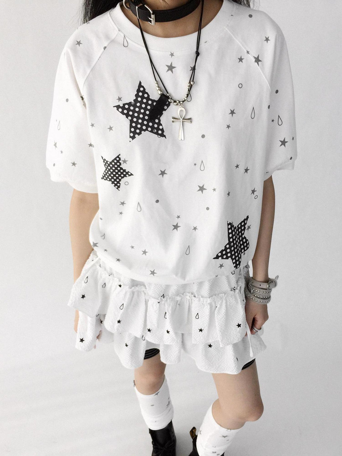 innomoood Star Drip Print Bubble Sleeve Tee