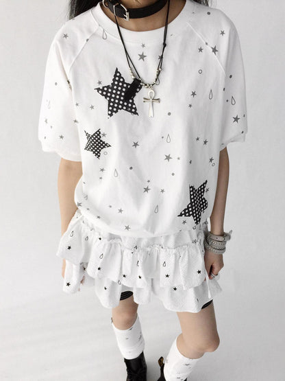 innomoood Star Drip Print Bubble Sleeve Tee