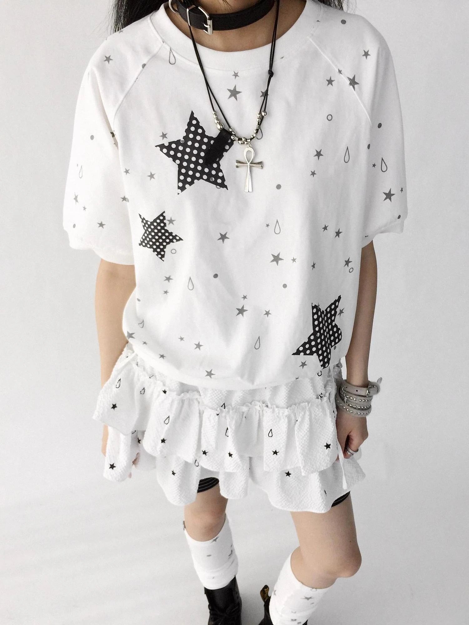 Star Drip Print Bubble Sleeve Tee