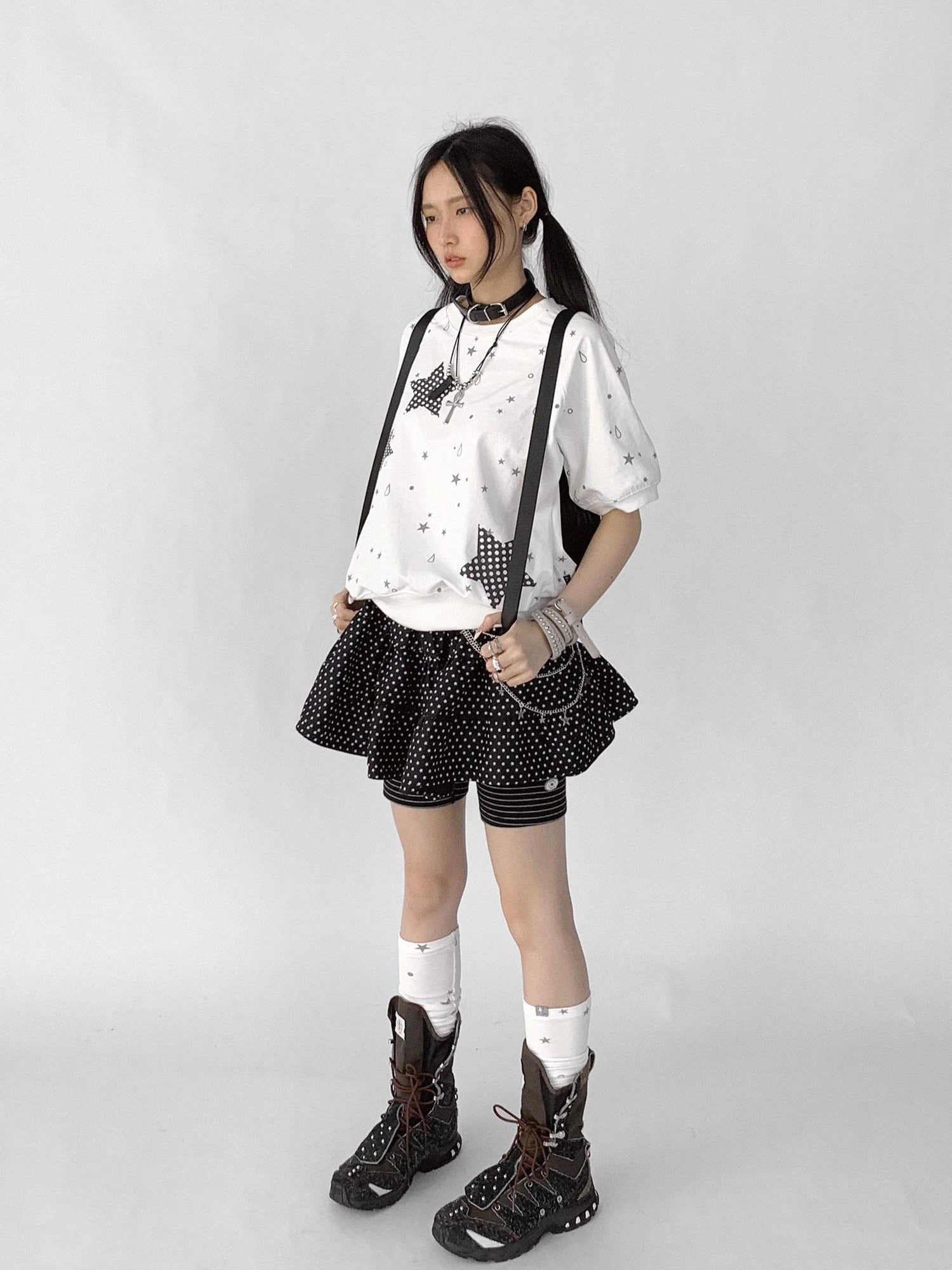innomoood Star Drip Print Bubble Sleeve Tee