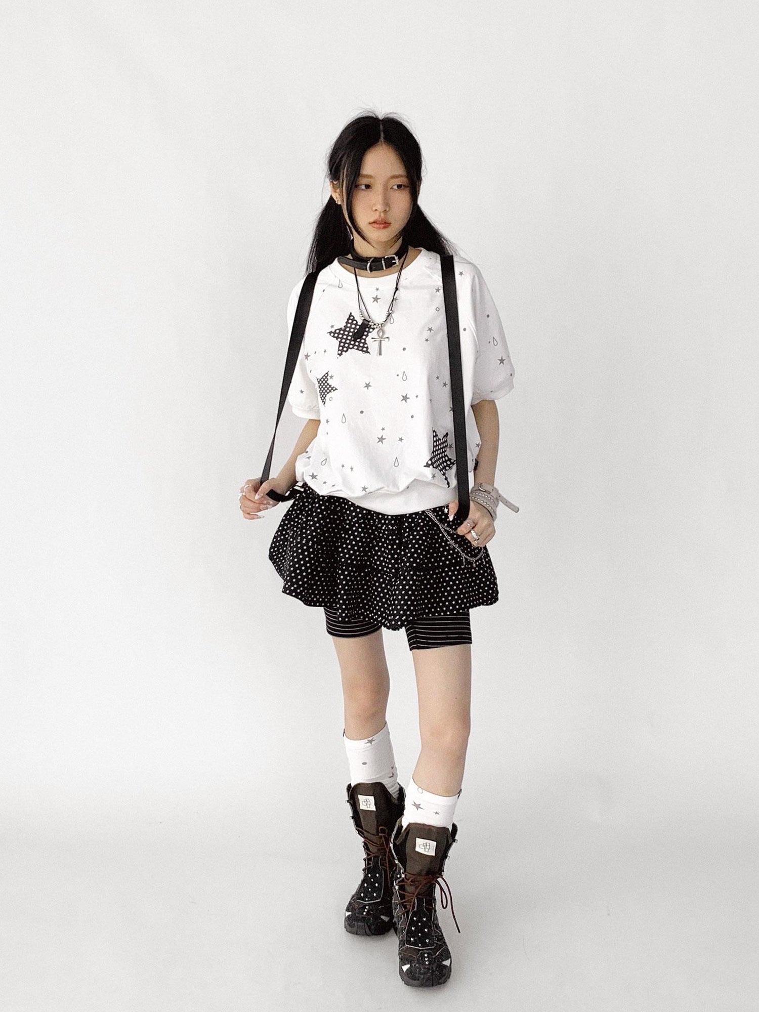 innomoood Star Drip Print Bubble Sleeve Tee