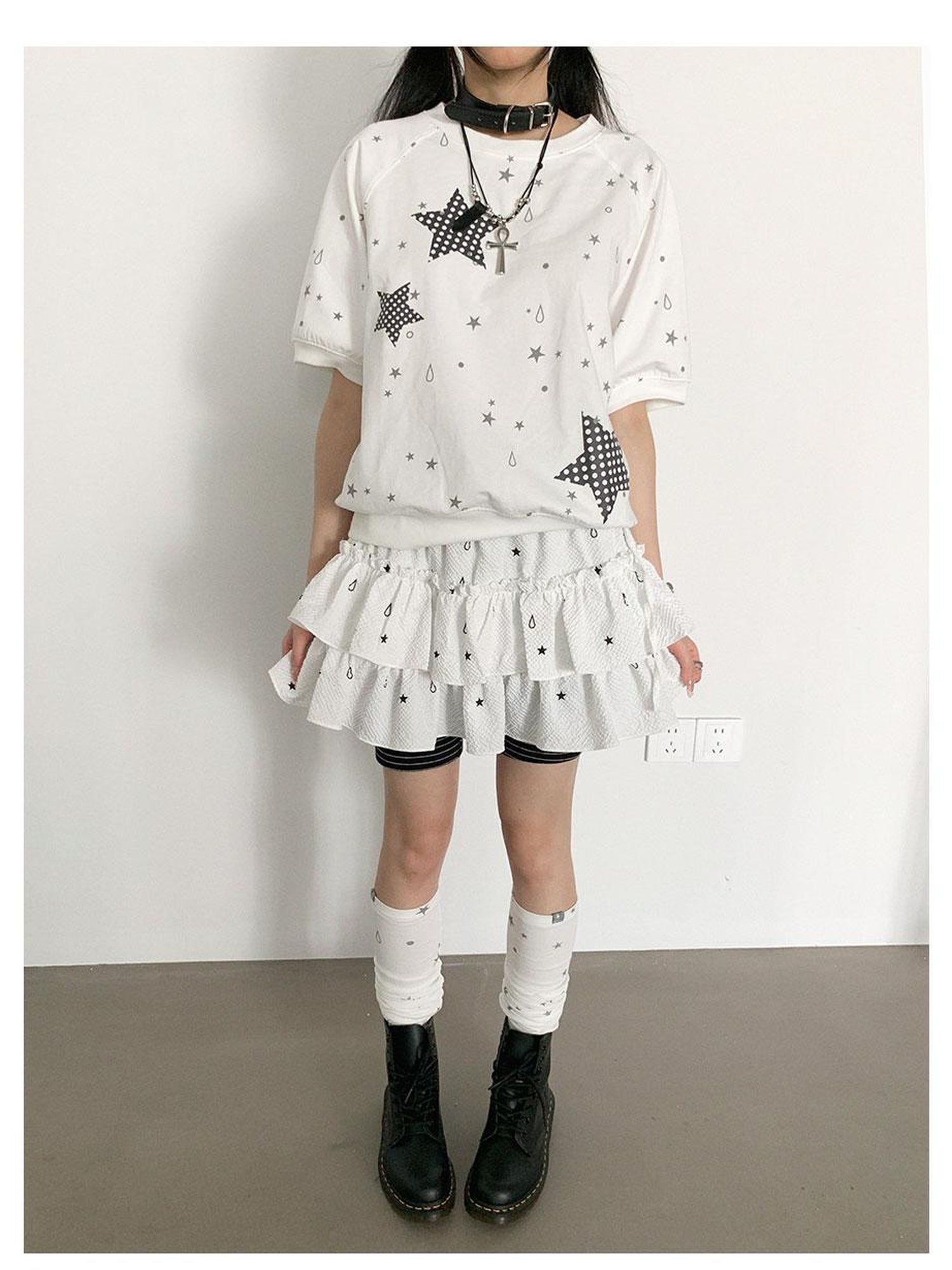 innomoood Star Drip Print Bubble Sleeve Tee