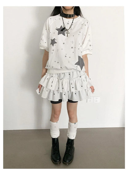 Star Drip Print Bubble Sleeve Tee