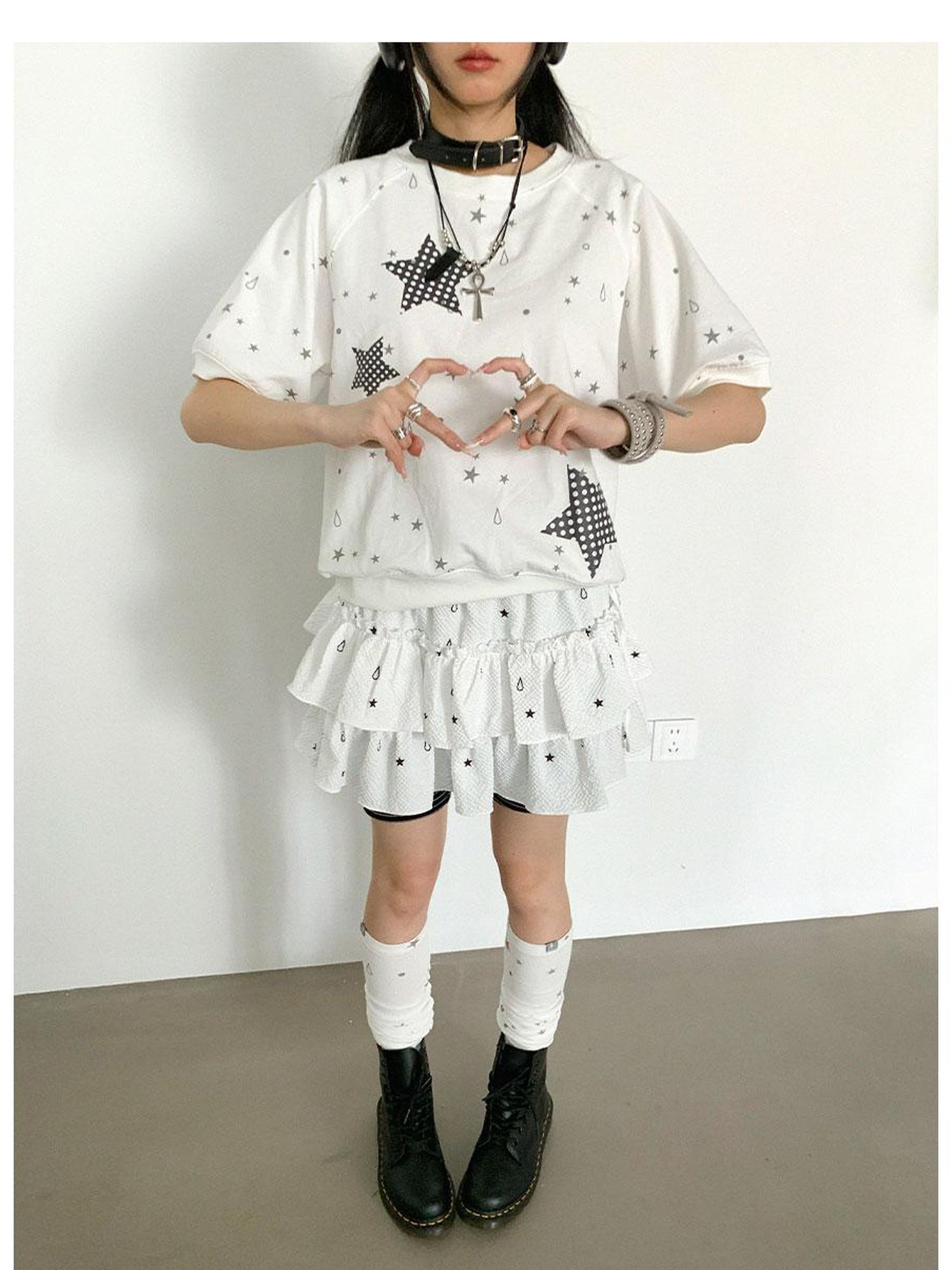 innomoood Star Drip Print Bubble Sleeve Tee