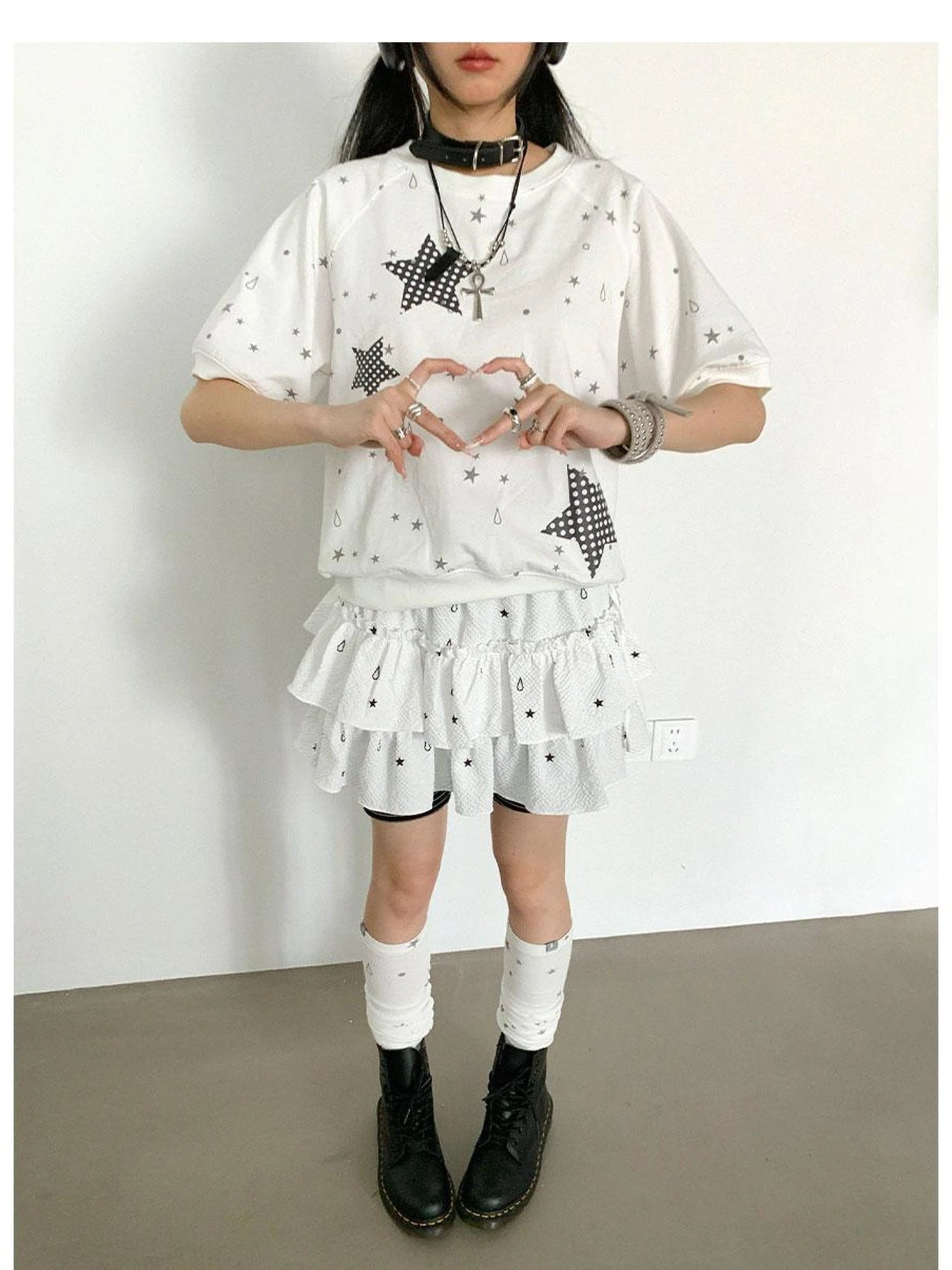 Star Drip Print Bubble Sleeve Tee