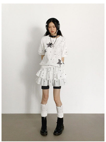 innomoood Star Drip Print Bubble Sleeve Tee