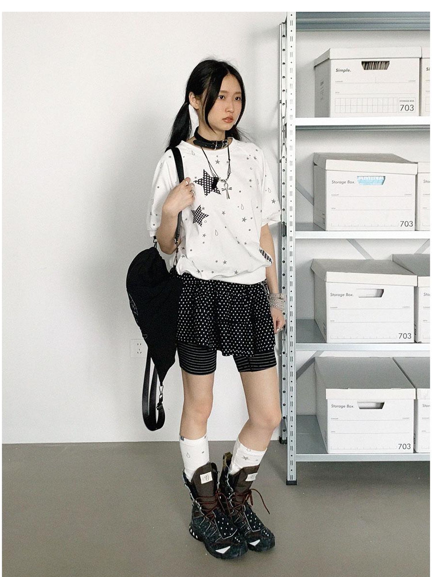 innomoood Star Drip Print Bubble Sleeve Tee