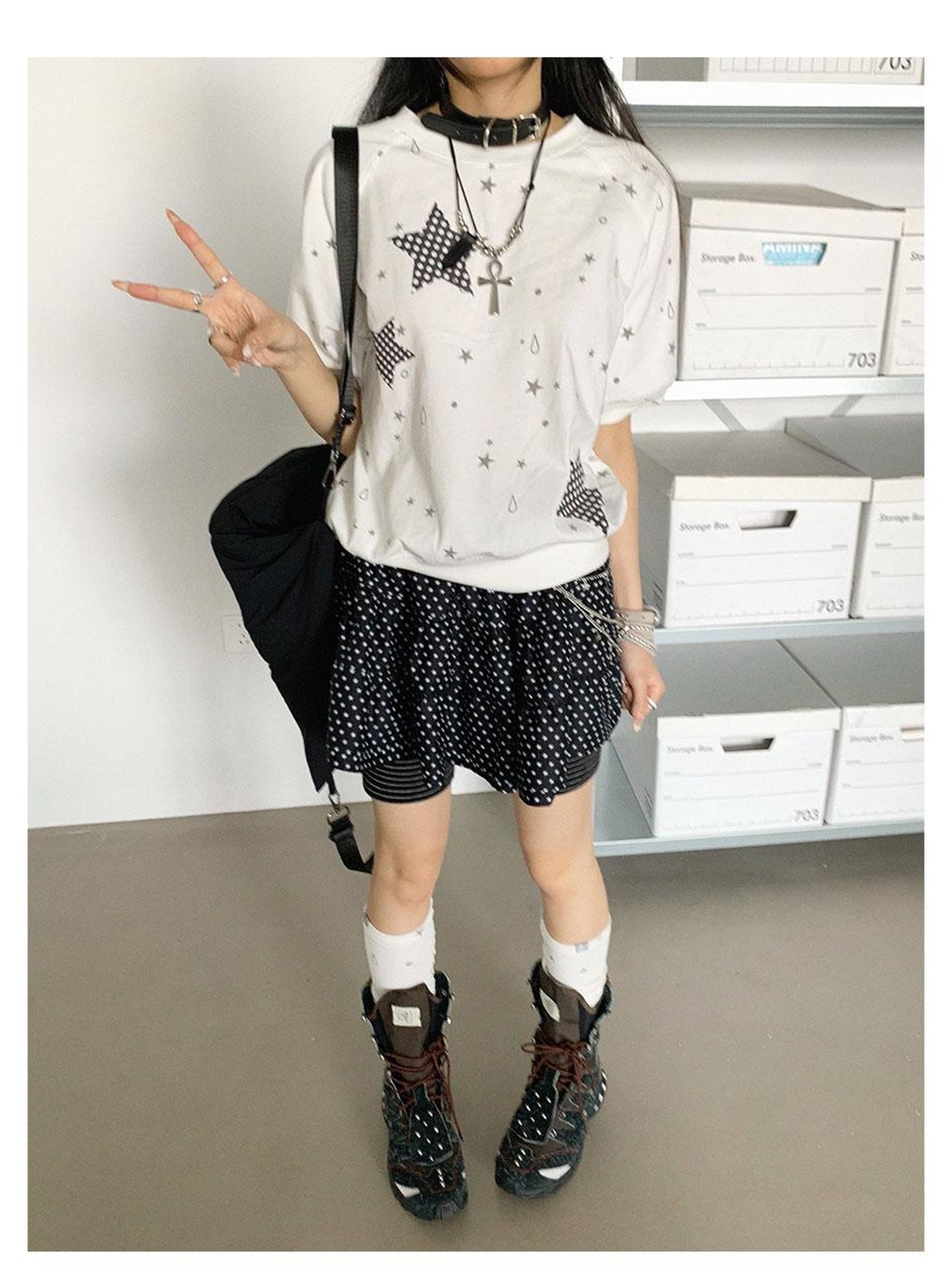 innomoood Star Drip Print Bubble Sleeve Tee