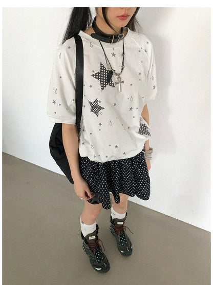innomoood Star Drip Print Bubble Sleeve Tee