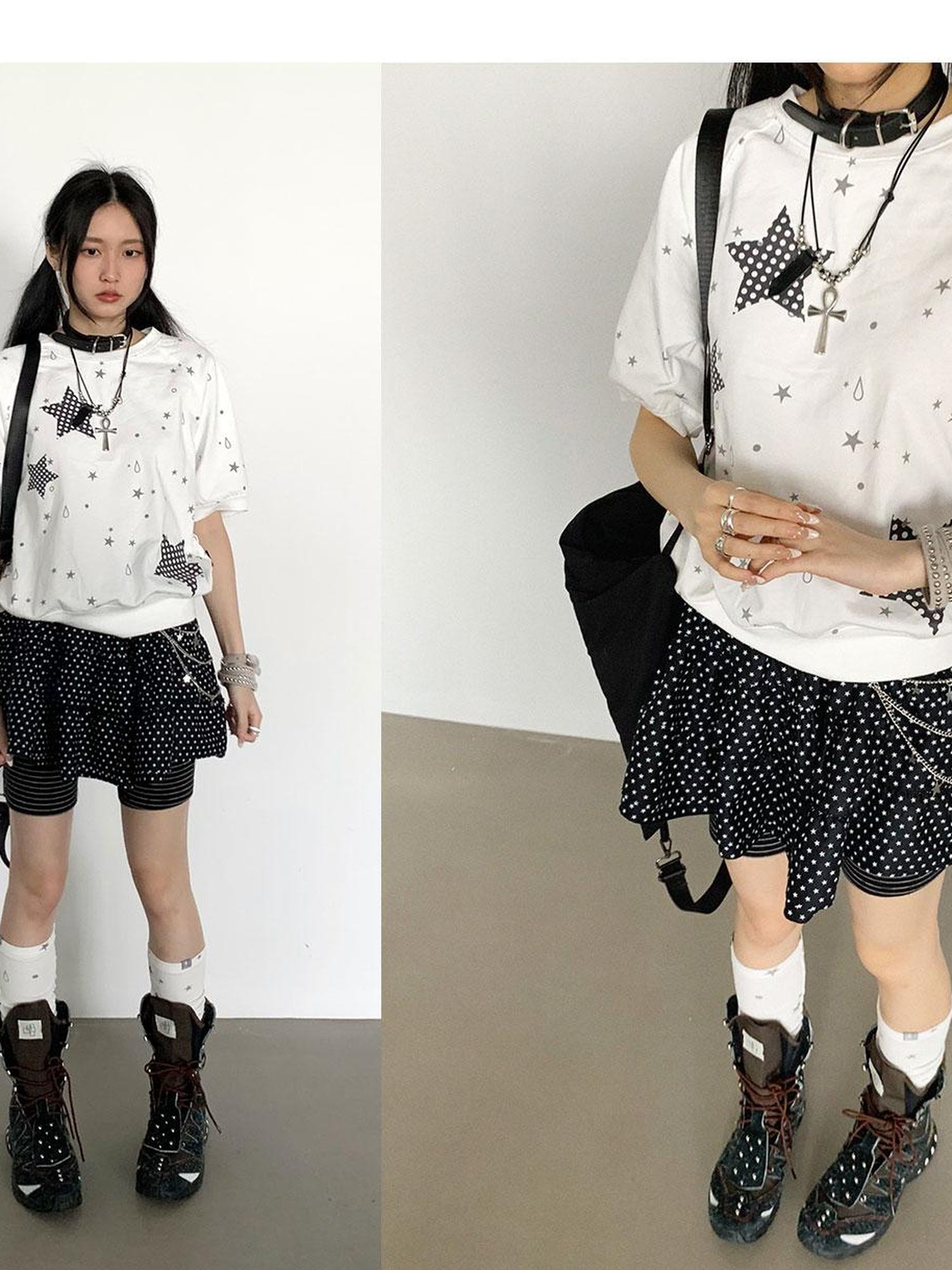 innomoood Star Drip Print Bubble Sleeve Tee