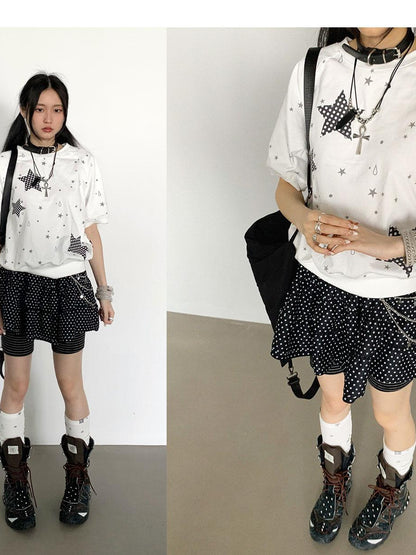 innomoood Star Drip Print Bubble Sleeve Tee