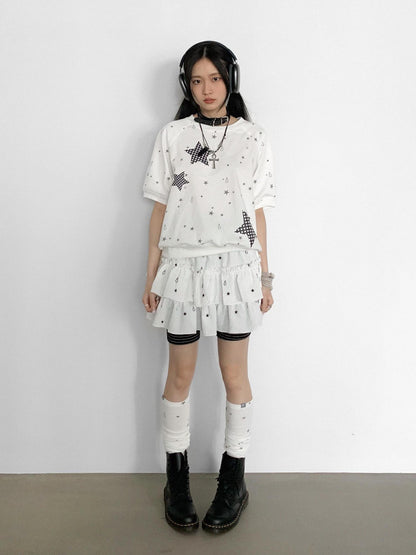 innomoood Star Drip Print Bubble Sleeve Tee