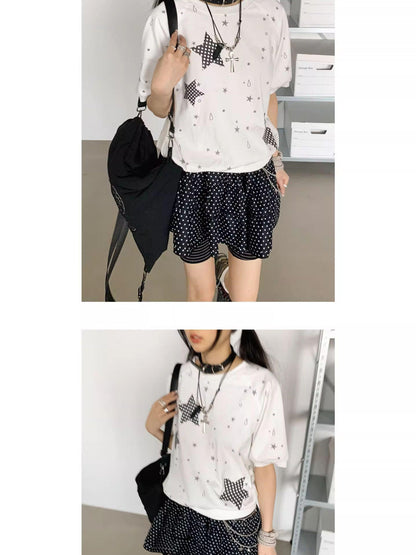 innomoood Star Drip Print Bubble Sleeve Tee
