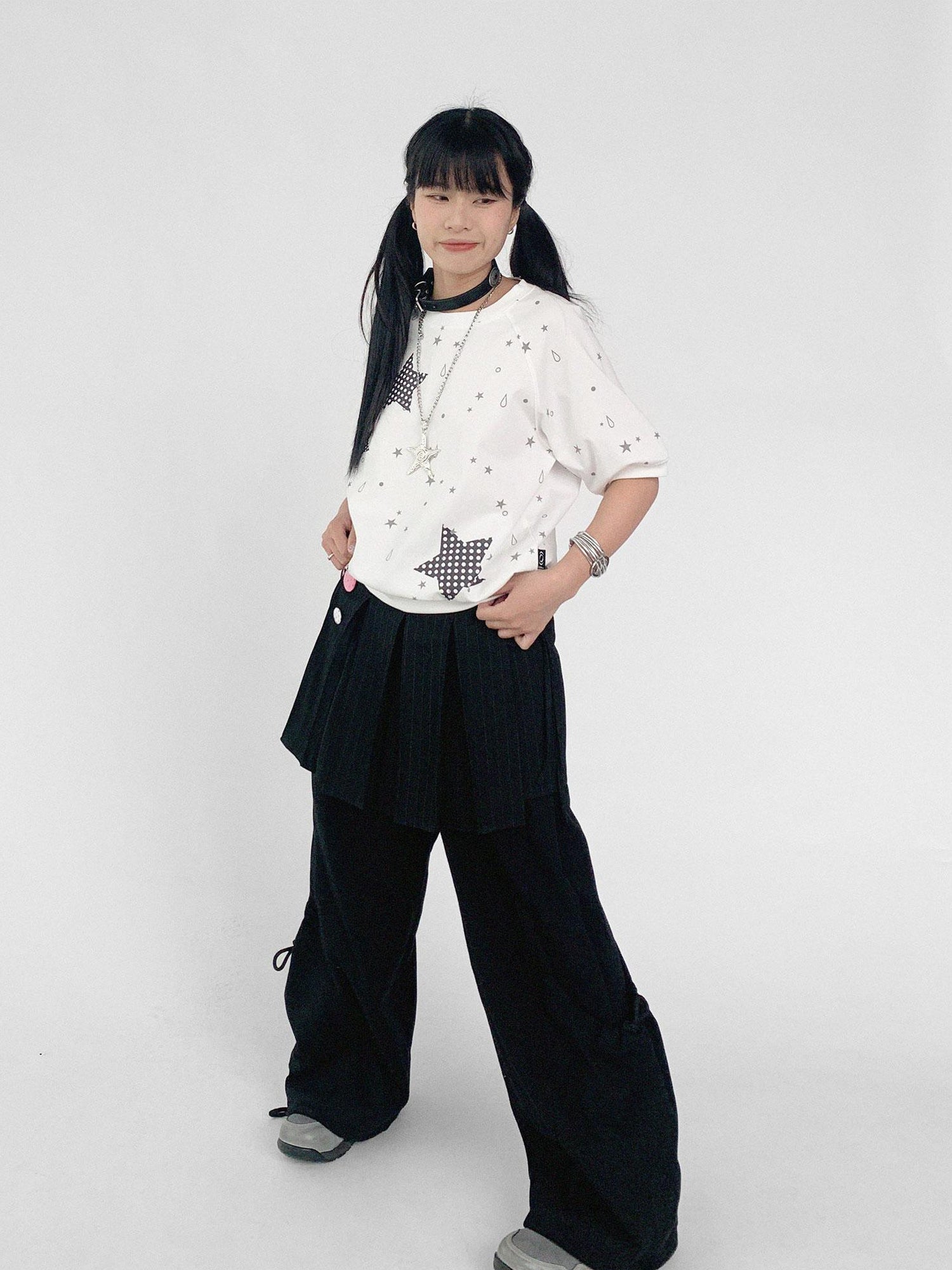innomoood Star Drip Print Bubble Sleeve Tee