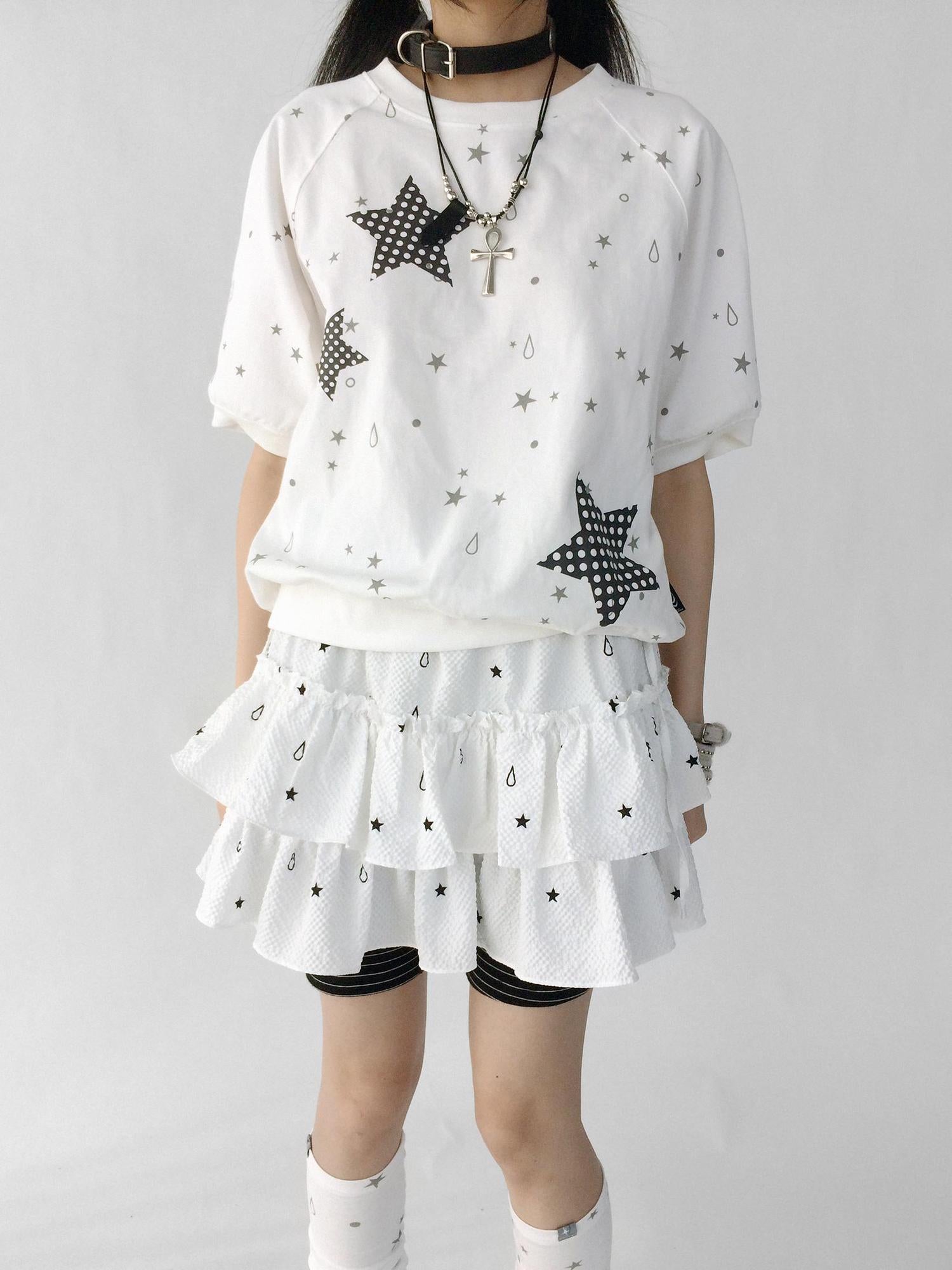 innomoood Star Drip Print Bubble Sleeve Tee