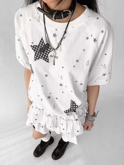 innomoood Star Drip Print Bubble Sleeve Tee