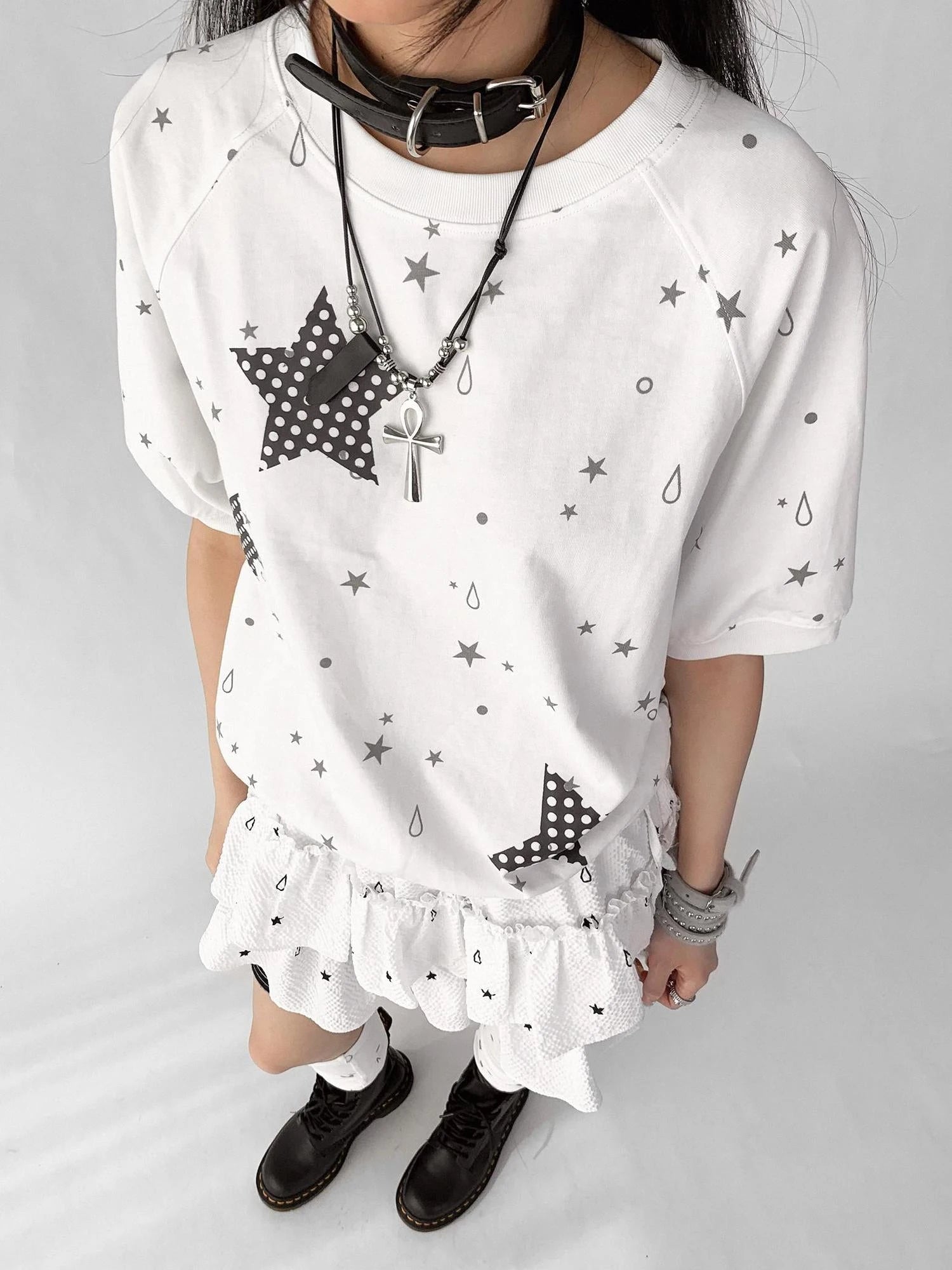 Star Drip Print Bubble Sleeve Tee