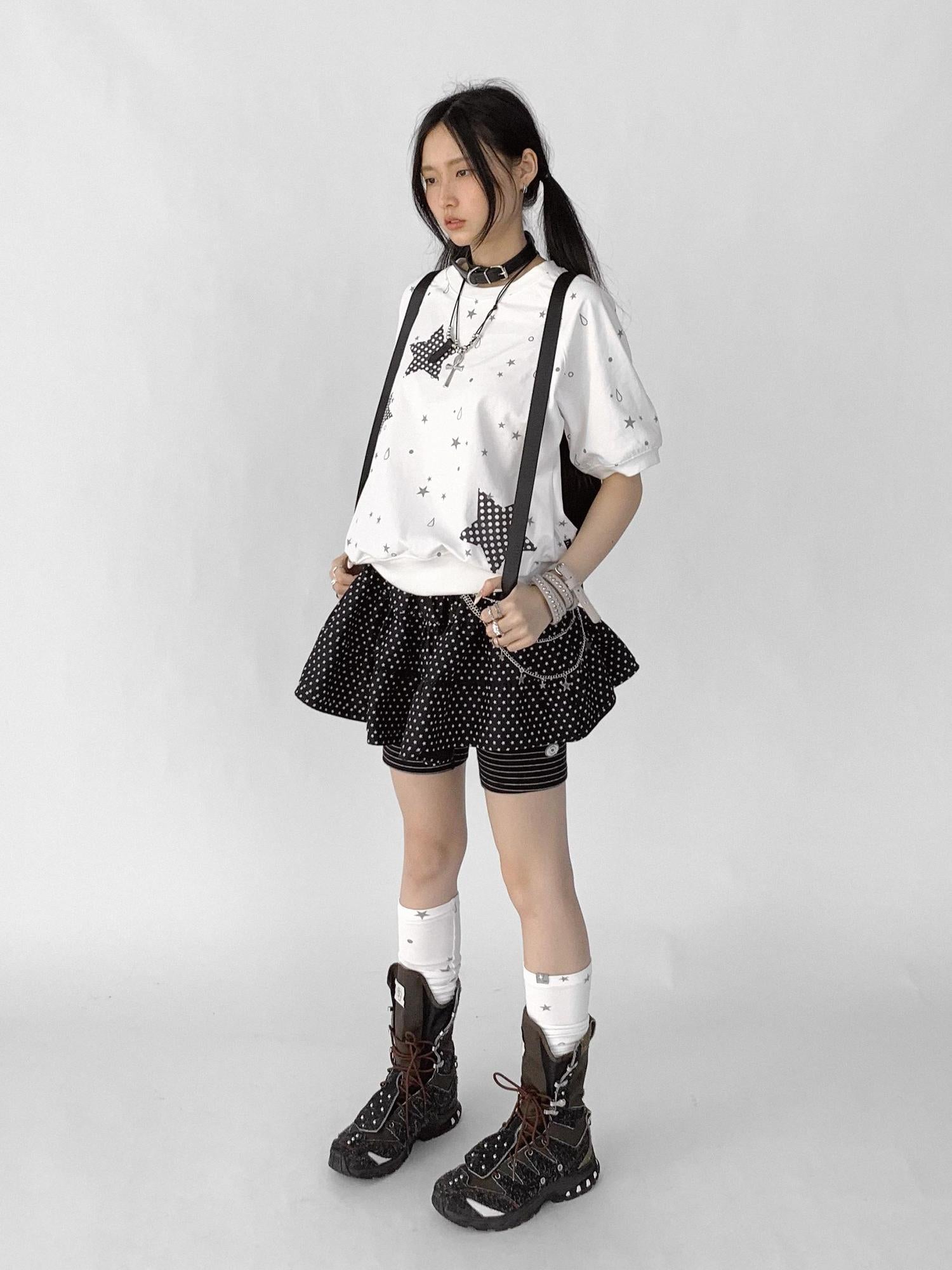 innomoood Star Drip Print Bubble Sleeve Tee