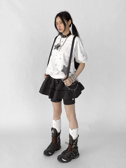 Star Drip Print Bubble Sleeve Tee