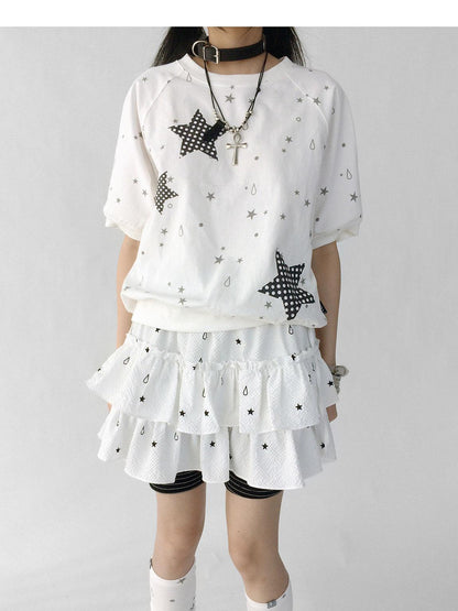 innomoood Star Drip Print Bubble Sleeve Tee