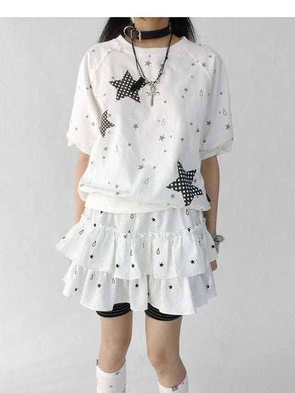 Star Drip Print Bubble Sleeve Tee