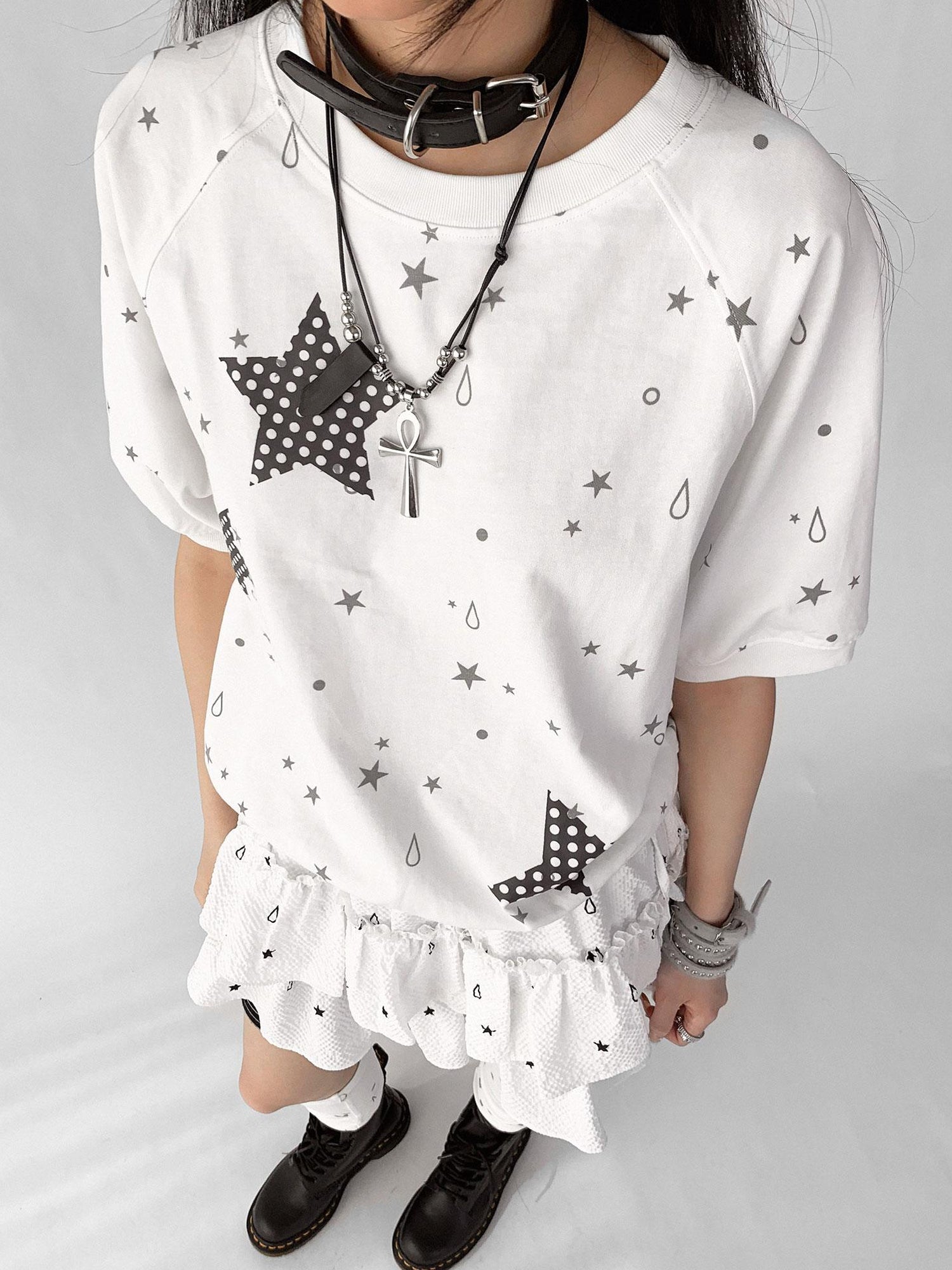 innomoood Star Drip Print Bubble Sleeve Tee