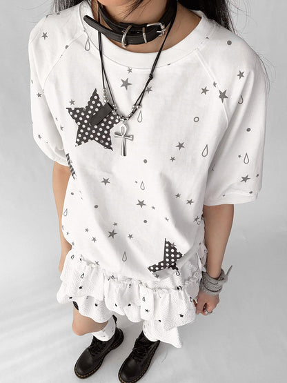 innomoood Star Drip Print Bubble Sleeve Tee