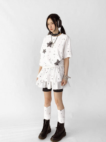 innomoood Star Drip Print Bubble Sleeve Tee