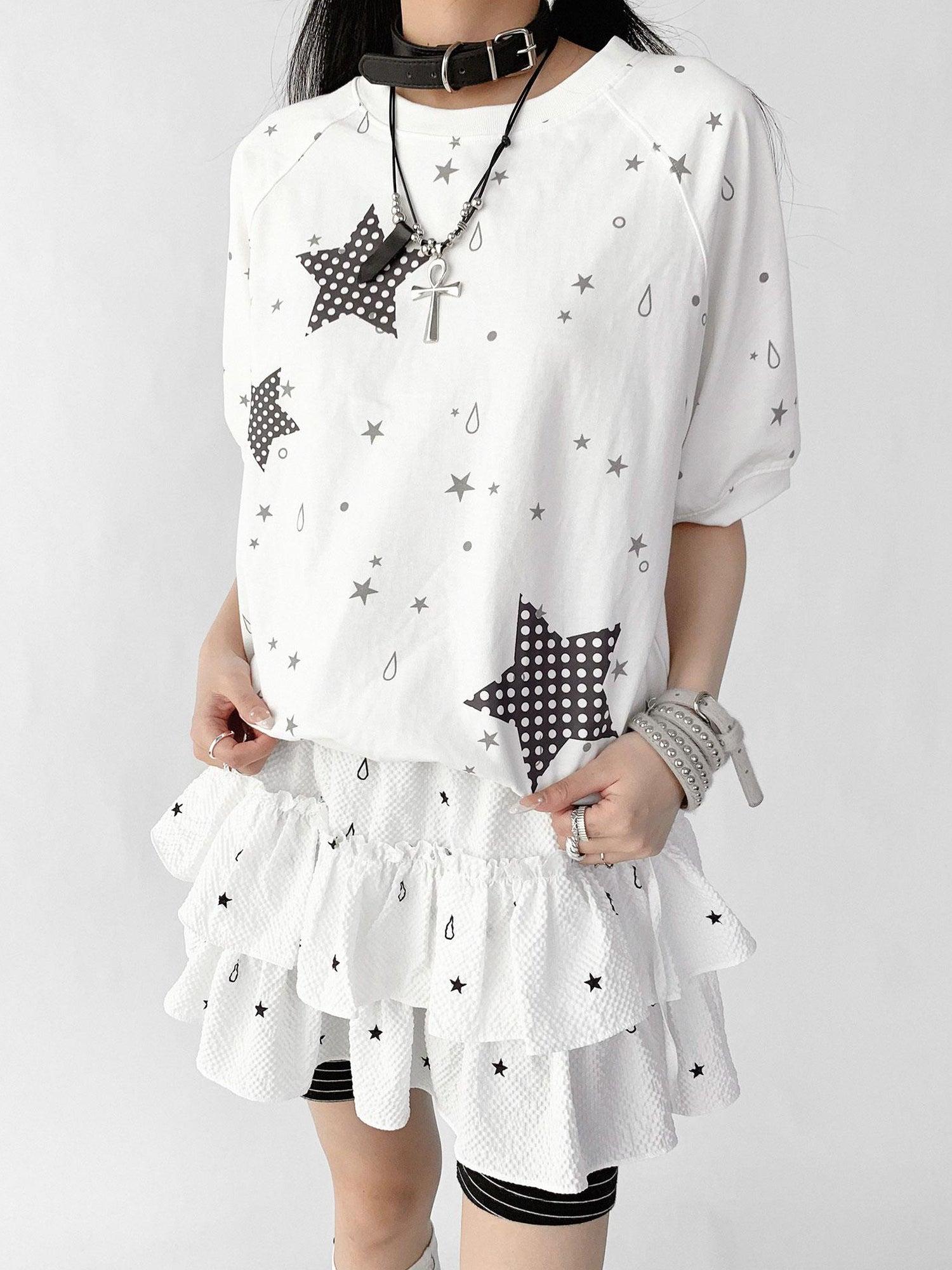 innomoood Star Drip Print Bubble Sleeve Tee