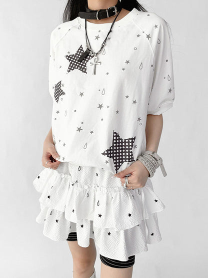 innomoood Star Drip Print Bubble Sleeve Tee