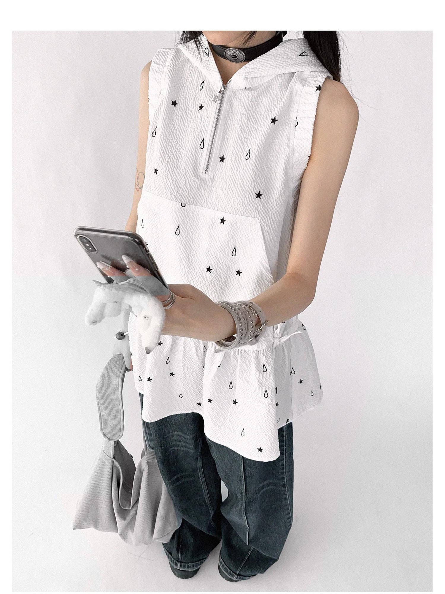 innomoood Star Drop Textured Sleeveless Smock Dress