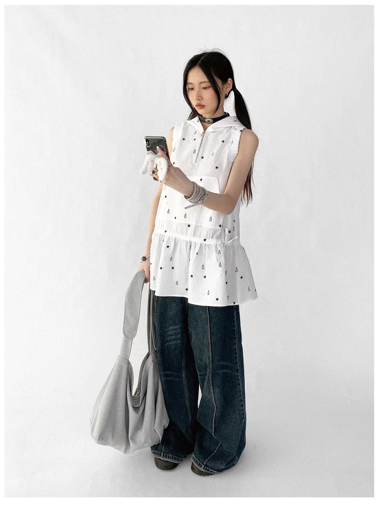 innomoood Star Drop Textured Sleeveless Smock Dress