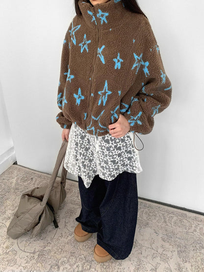 innomoood Star Embroidered Collar Scarf Shearling Cropped Jacket