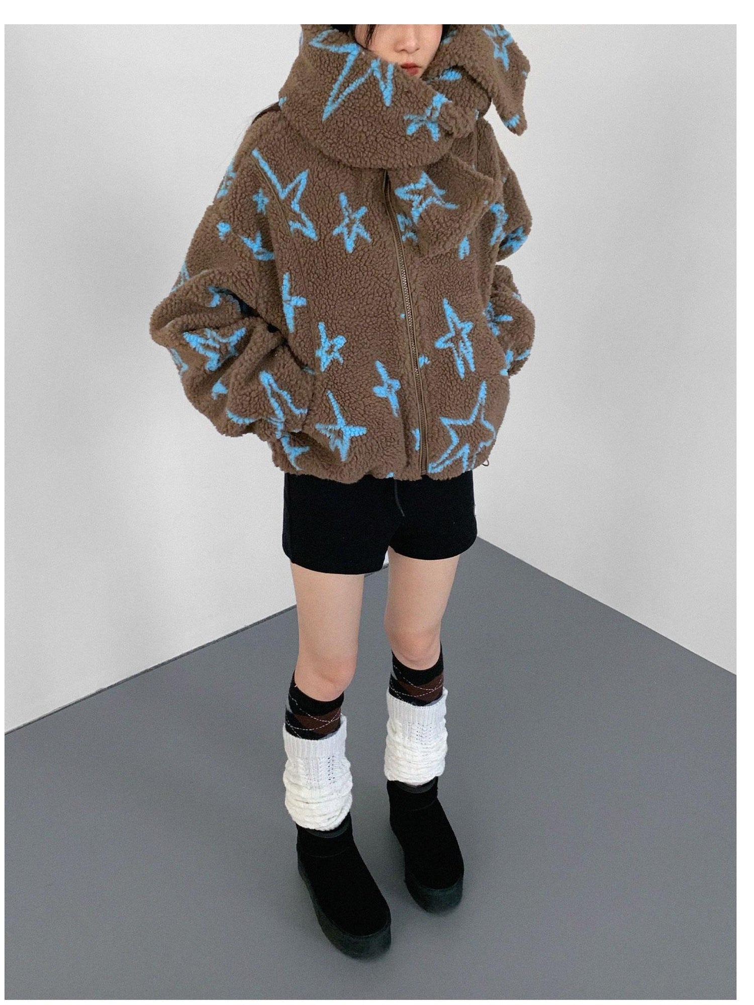 innomoood Star Embroidered Collar Scarf Shearling Cropped Jacket
