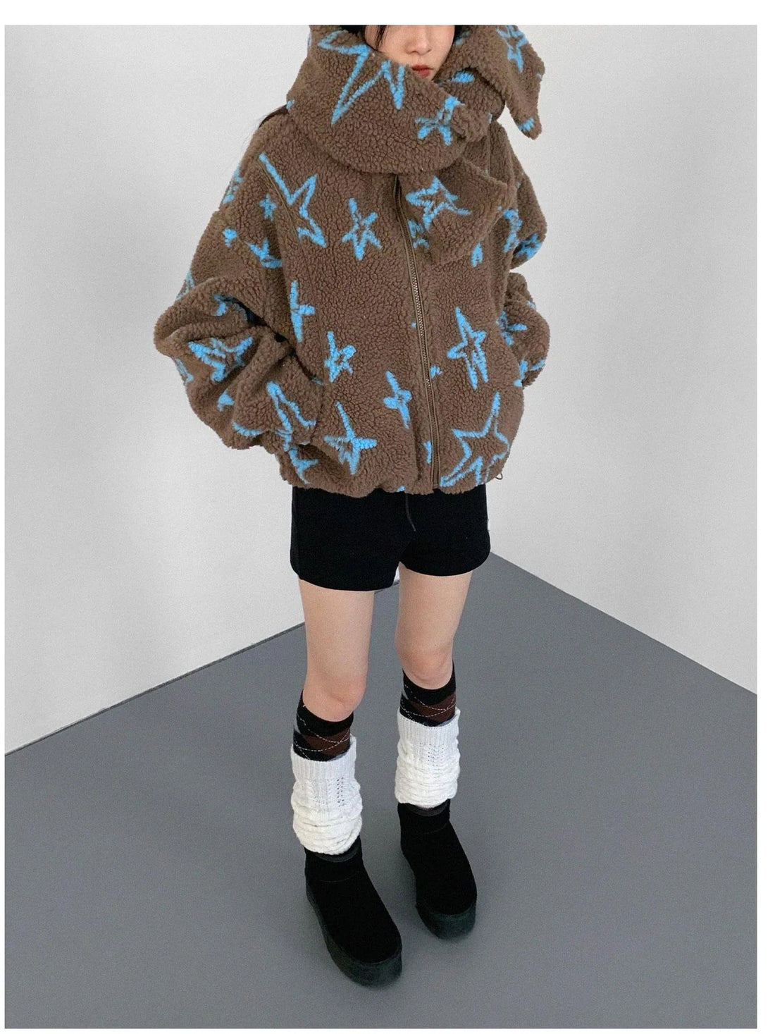 innomoood Star Embroidered Collar Scarf Shearling Cropped Jacket