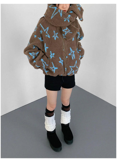 Star Embroidered Collar Scarf Shearling Cropped Jacket